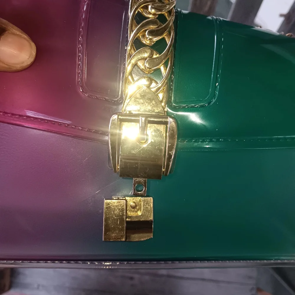 Transparent Jelly Crossbody With Gold Tone Hardware & Chain~Pink & Green Ombre - Picture 6 of 6